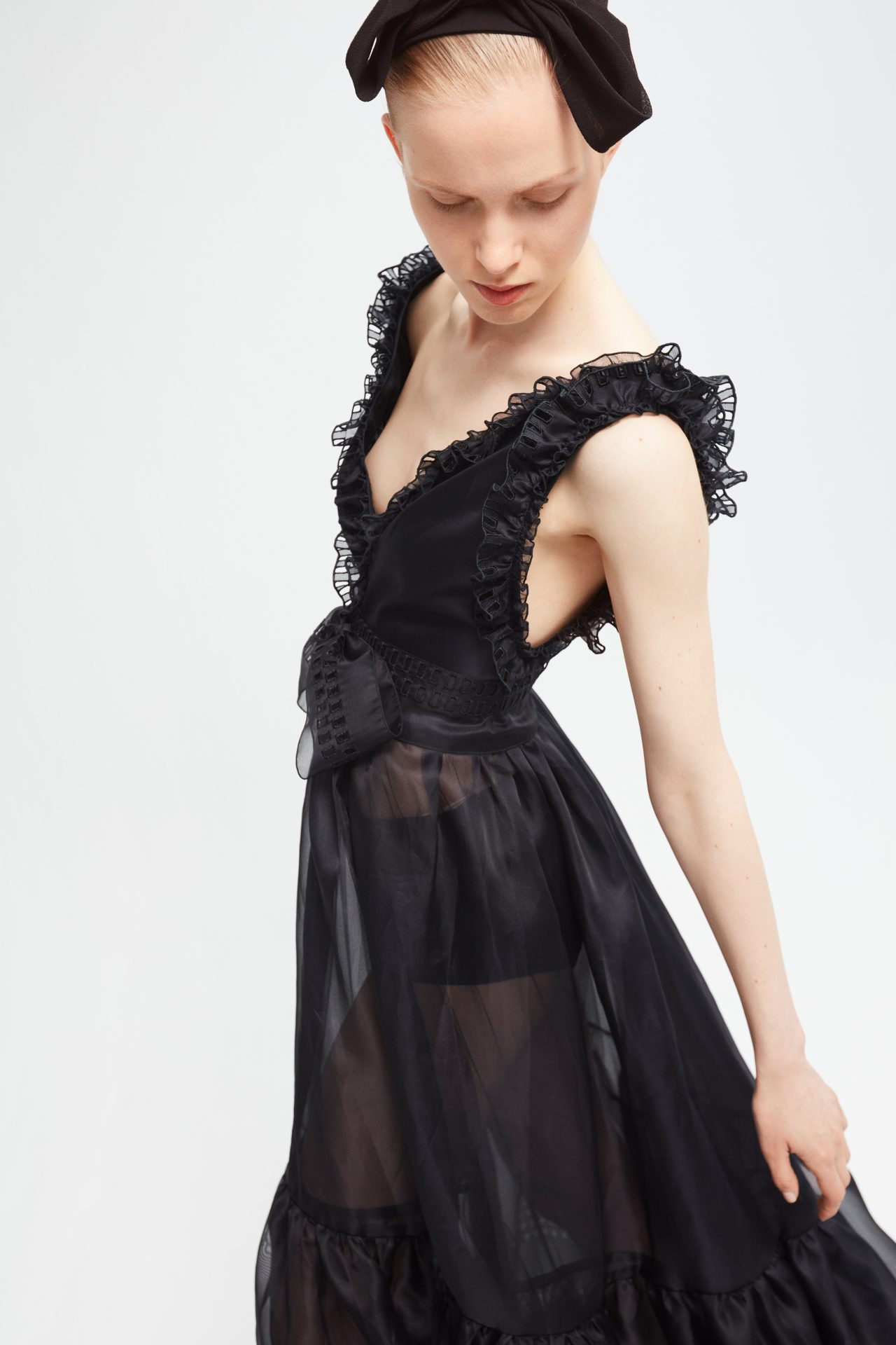 Romantic black organza evening dress with V-necklines